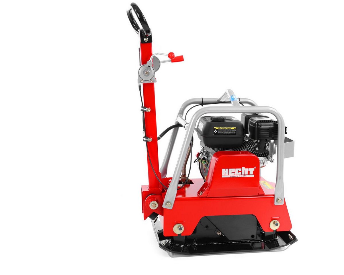 Hecht Rüttelplatte Vibrationsstampfer mit Fahrwerk, 3,7 kW (196 ccm), 25 kN bis 30cm, max. 4300 vpm, (LxB) 40x63 cm, 35 m/min, Gummimatte, Transporträder, 4300 / min Bild 4