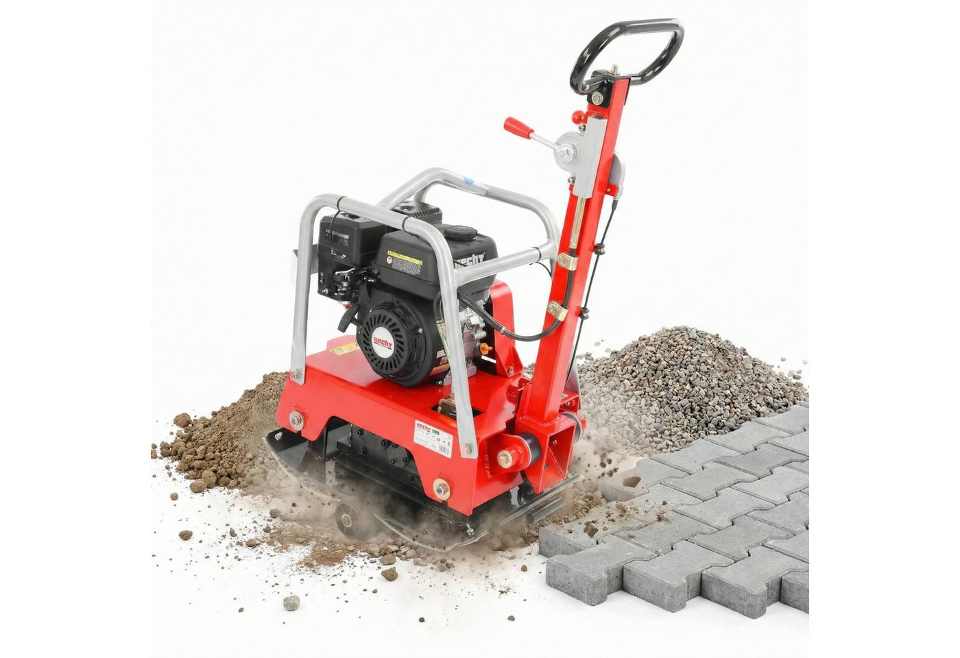 Hecht Rüttelplatte Vibrationsstampfer mit Fahrwerk, 3,7 kW (196 ccm), 25 kN bis 30cm, max. 4300 vpm, (LxB) 40x63 cm, 35 m/min, Gummimatte, Transporträder, 4300 / min Bild 5