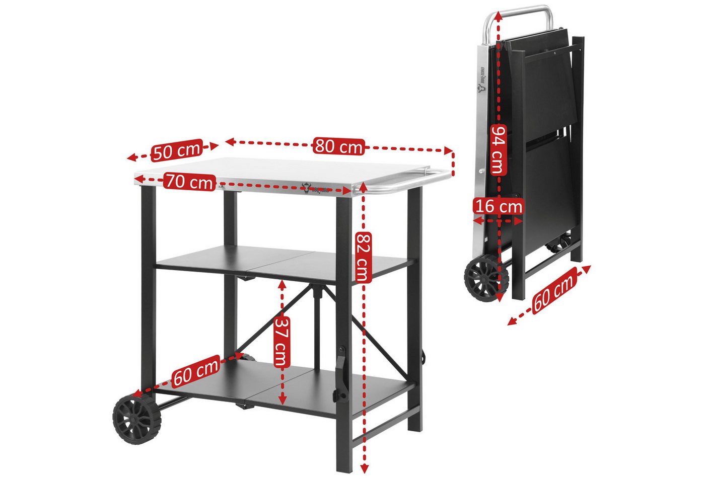 BBQ-Toro Grillablagetisch Grillwagen klappbar 60 x 80 x 82 cm, Silber/Schwarz, Servierwagen, 2 leichtgängige Räder Bild 2