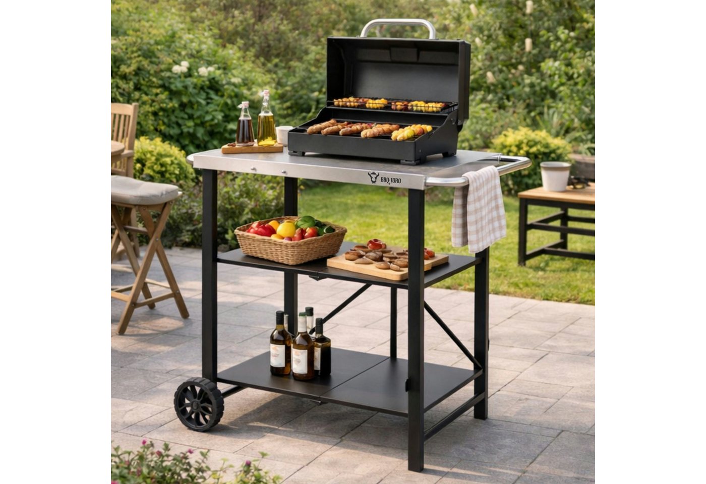 BBQ-Toro Grillablagetisch Grillwagen klappbar 60 x 80 x 82 cm, Silber/Schwarz, Servierwagen, 2 leichtgängige Räder Bild 5
