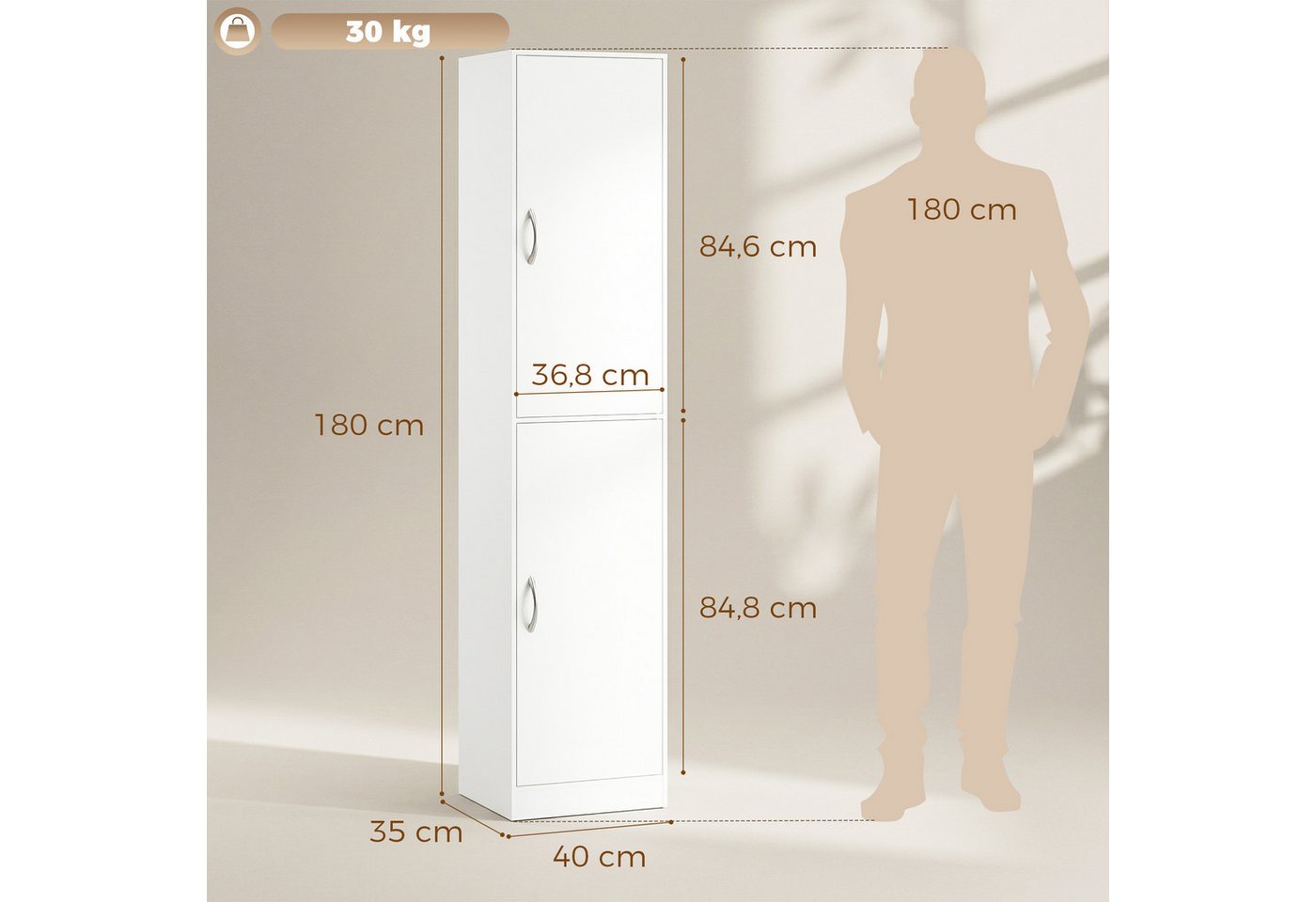 HOMCOM Bücherregal Bücherschrank, 5 Ebenen, 2 Türen, verstellbare Ablagen, Standregal 1-tlg., 40 x 35 x 180 cm für Büro, Wohnzimmer, Schlafzimmer, Weiß