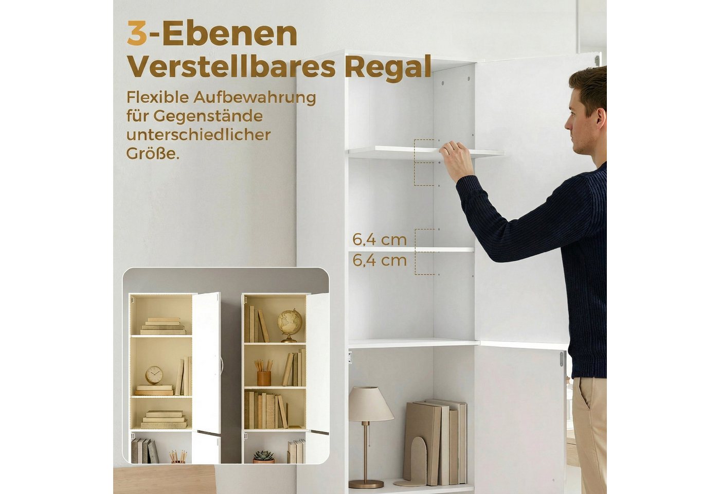 HOMCOM Bücherregal Bücherschrank, 5 Ebenen, 2 Türen, verstellbare Ablagen, Standregal 1-tlg., 40 x 35 x 180 cm für Büro, Wohnzimmer, Schlafzimmer, Weiß Bild 4