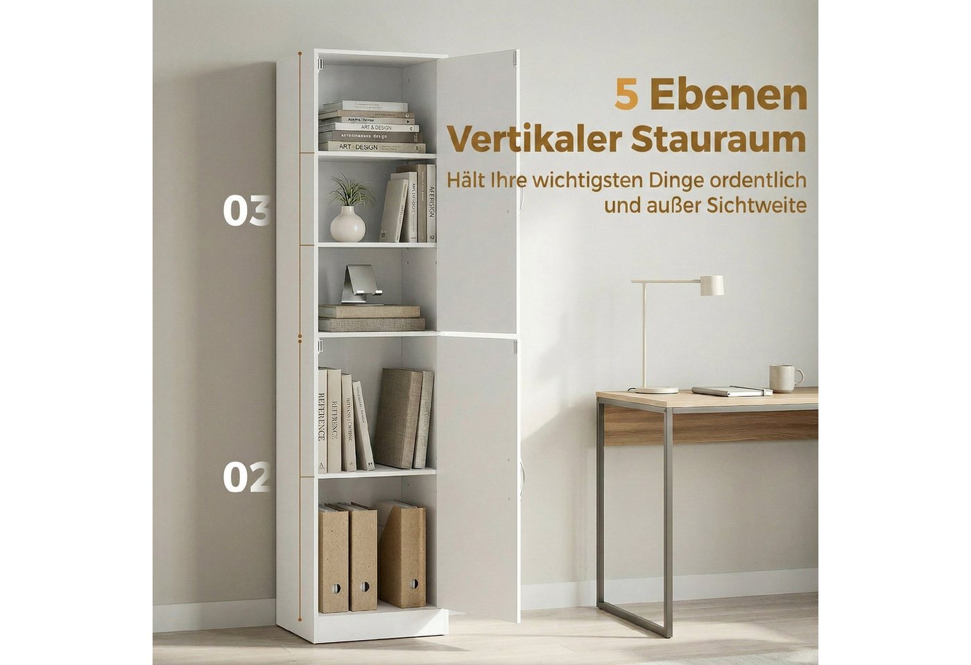 HOMCOM Bücherregal Bücherschrank, 5 Ebenen, 2 Türen, verstellbare Ablagen, Standregal 1-tlg., 40 x 35 x 180 cm für Büro, Wohnzimmer, Schlafzimmer, Weiß Bild 5