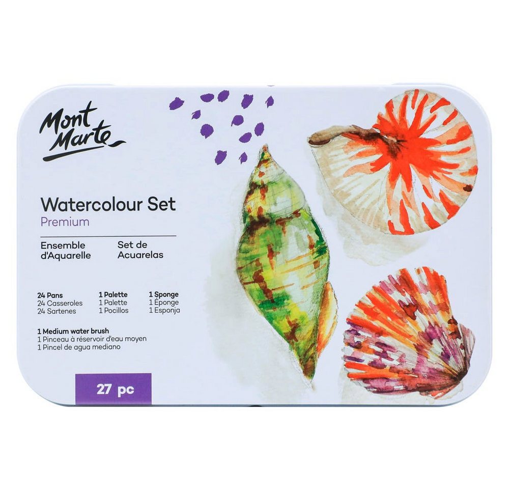 Mont Marte Aquarellfarbe Set 24 / 36 Farben – Malset mit Wassertankpinsel, Etui mit Fingerring, Ideal für Reisen, Urban Sketching & kreative Auszeiten