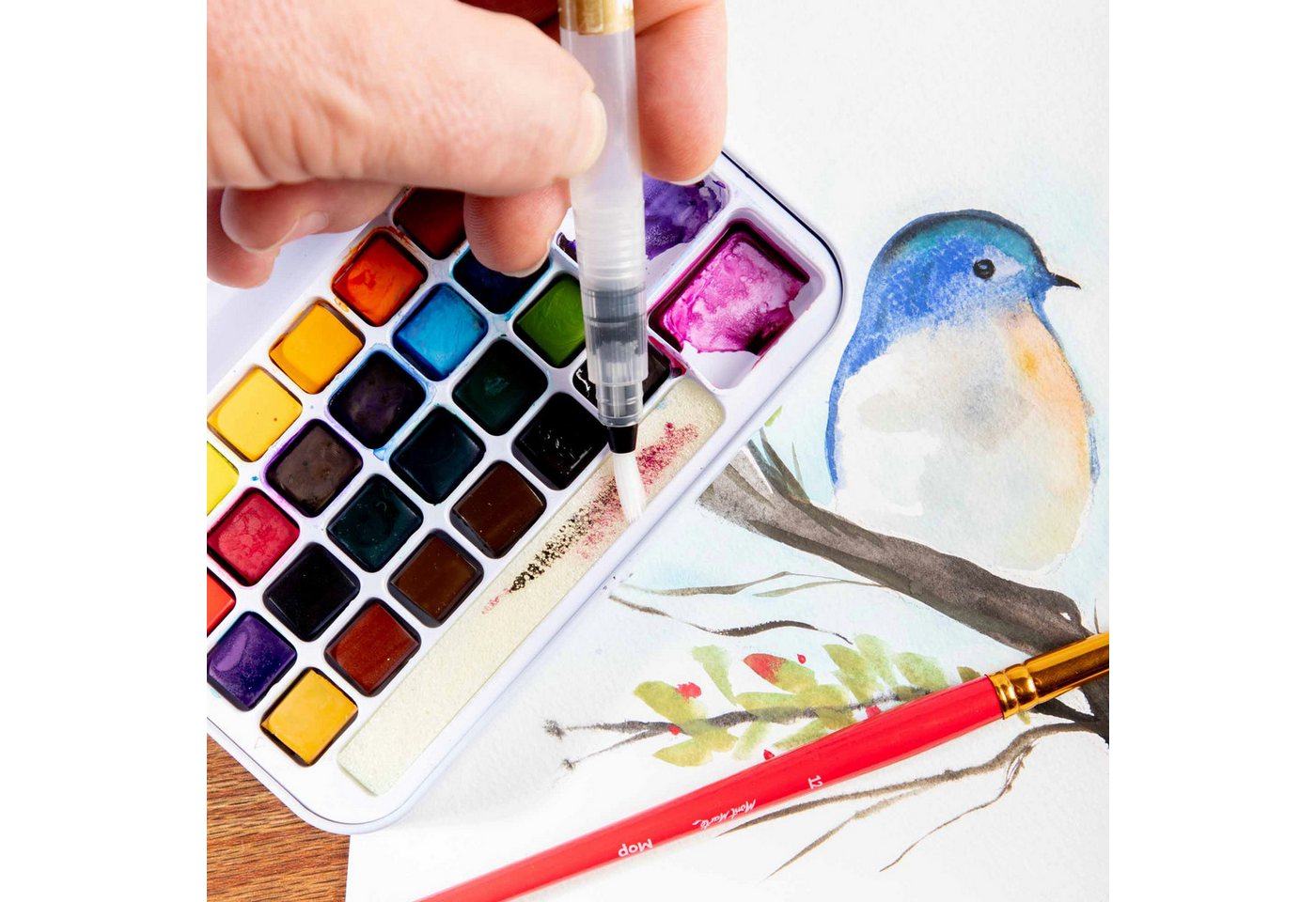 Mont Marte Aquarellfarbe Set 24 / 36 Farben – Malset mit Wassertankpinsel, Etui mit Fingerring, Ideal für Reisen, Urban Sketching & kreative Auszeiten Bild 4