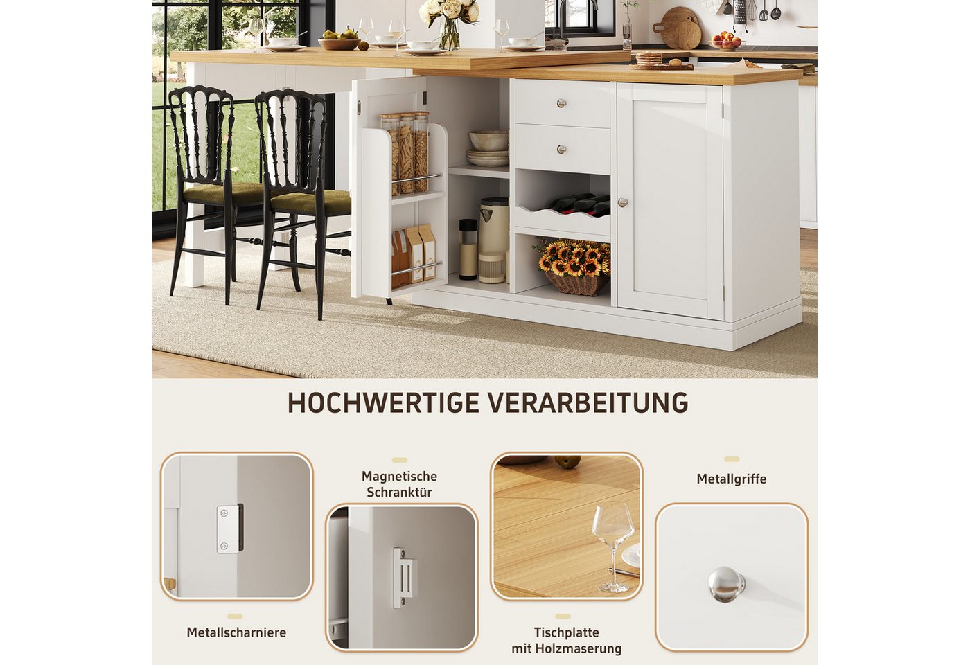 Celya Kücheninsel Ausziehbarer Esstisch 120-197cm, mit Weinregal und Snack-Regalen, (360° drehbar, mit 2 Schubladen und magnetische Türen), Ideal für Esszimmer, belastbar bis 60kg