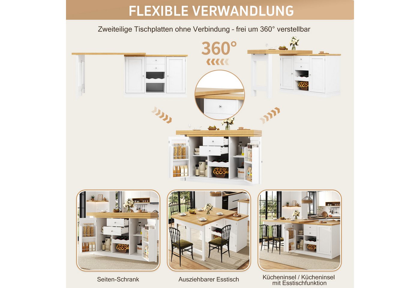 Celya Kücheninsel Ausziehbarer Esstisch 120-197cm, mit Weinregal und Snack-Regalen, (360° drehbar, mit 2 Schubladen und magnetische Türen), Ideal für Esszimmer, belastbar bis 60kg Bild 2