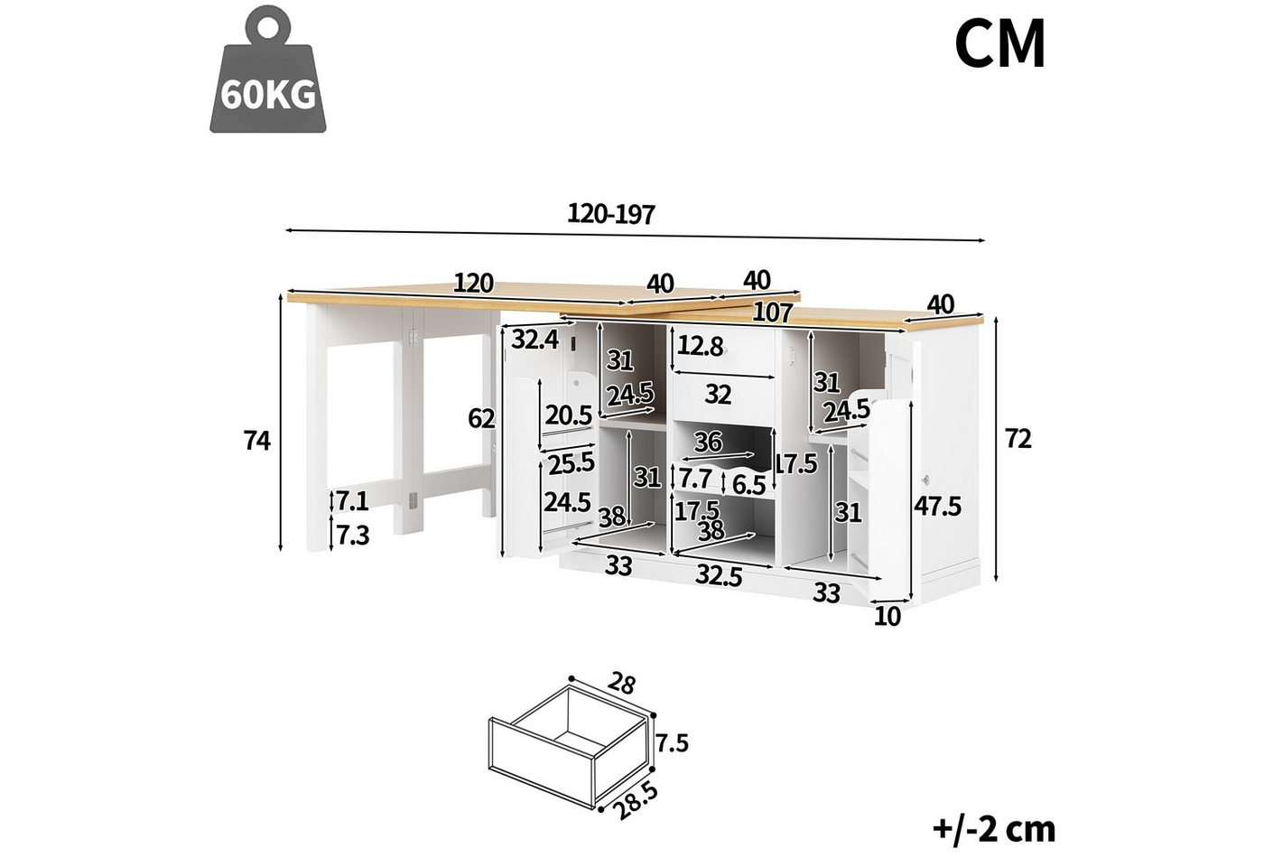Celya Kücheninsel Ausziehbarer Esstisch 120-197cm, mit Weinregal und Snack-Regalen, (360° drehbar, mit 2 Schubladen und magnetische Türen), Ideal für Esszimmer, belastbar bis 60kg Bild 3