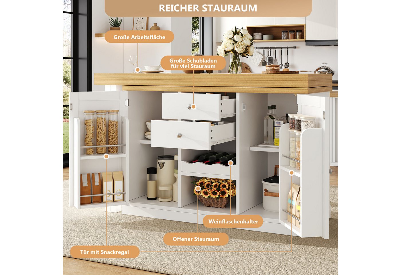 Celya Kücheninsel Ausziehbarer Esstisch 120-197cm, mit Weinregal und Snack-Regalen, (360° drehbar, mit 2 Schubladen und magnetische Türen), Ideal für Esszimmer, belastbar bis 60kg Bild 4