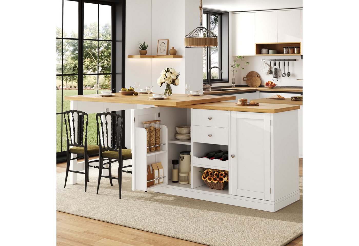 Celya Kücheninsel Ausziehbarer Esstisch 120-197cm, mit Weinregal und Snack-Regalen, (360° drehbar, mit 2 Schubladen und magnetische Türen), Ideal für Esszimmer, belastbar bis 60kg Bild 5
