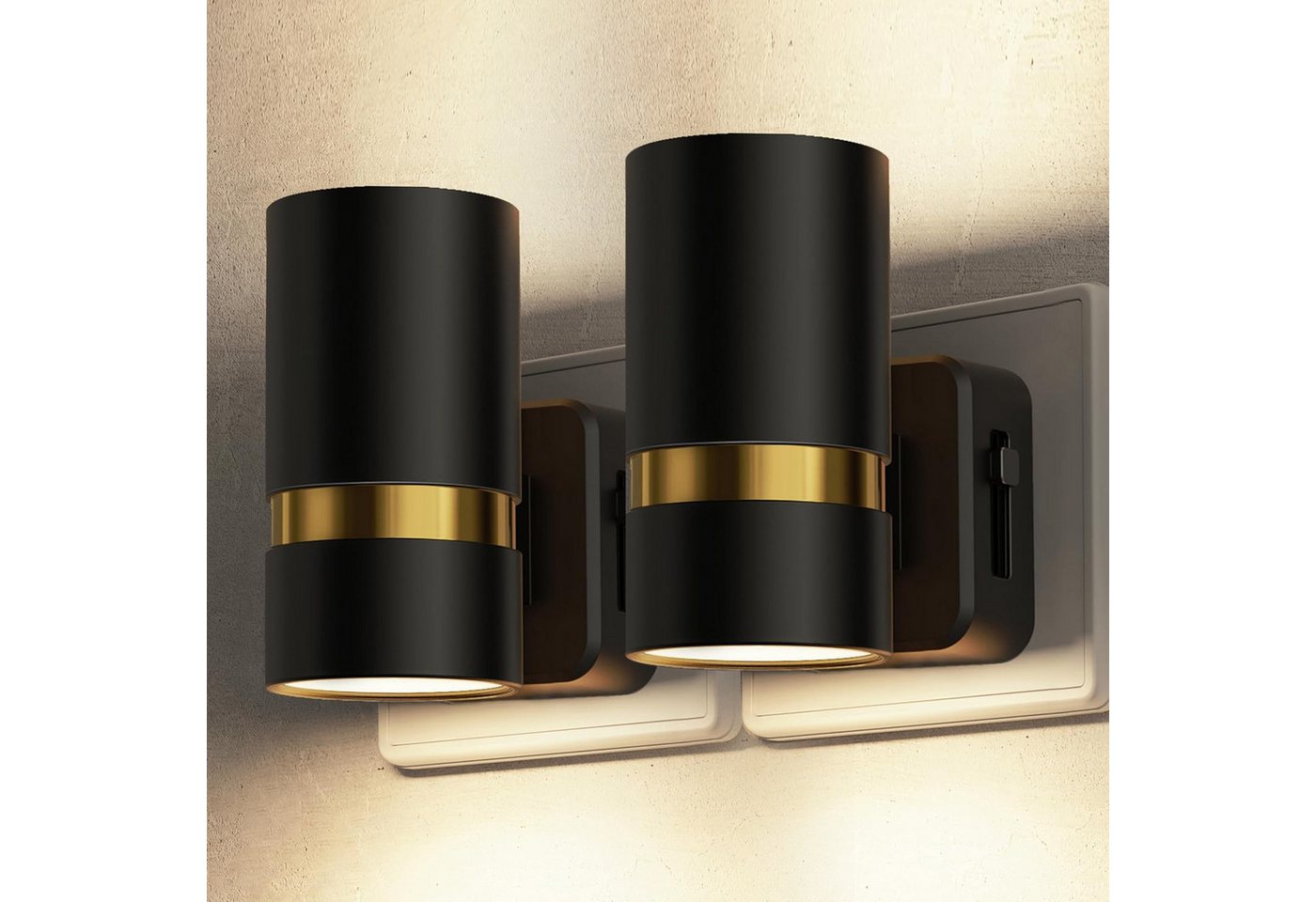 LOHAS-LED Nachtlicht 2er-Set rundes Metall LED Stecknachtlicht mit Dämmerungssensor, LED fest integriert, Warmweiß, Zylinder-Design mit Goldleiste, blendfreies Licht für Flur