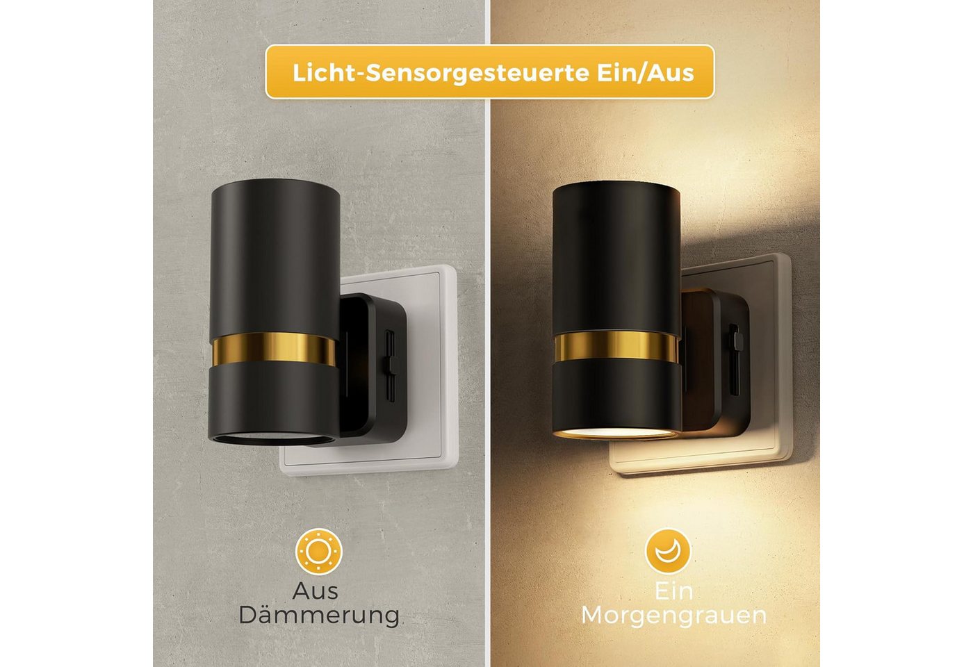 LOHAS-LED Nachtlicht 2er-Set rundes Metall LED Stecknachtlicht mit Dämmerungssensor, LED fest integriert, Warmweiß, Zylinder-Design mit Goldleiste, blendfreies Licht für Flur Bild 2