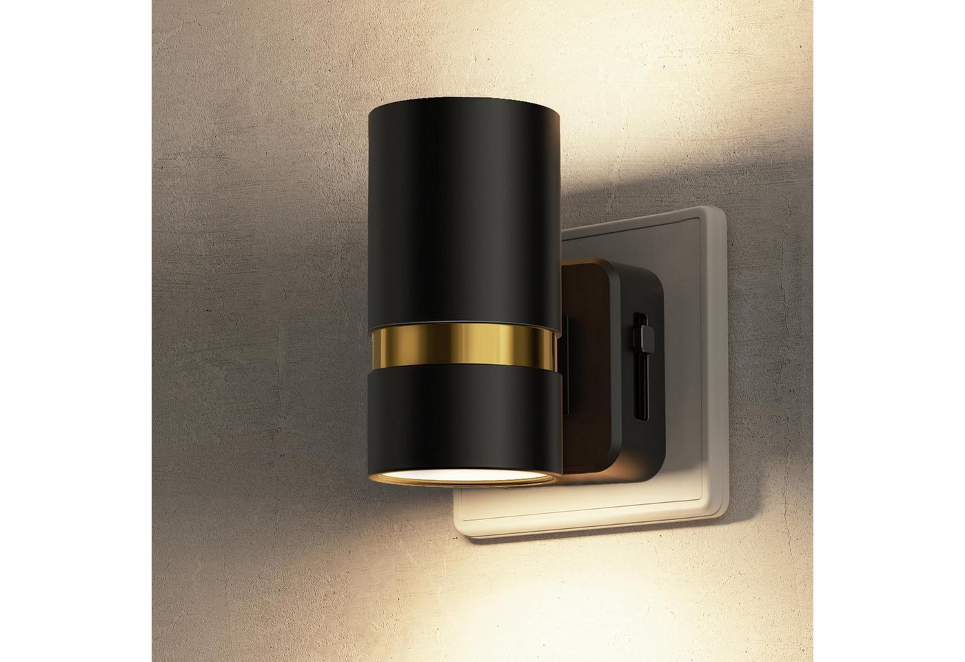 LOHAS-LED Nachtlicht 2er-Set rundes Metall LED Stecknachtlicht mit Dämmerungssensor, LED fest integriert, Warmweiß, Zylinder-Design mit Goldleiste, blendfreies Licht für Flur Bild 3