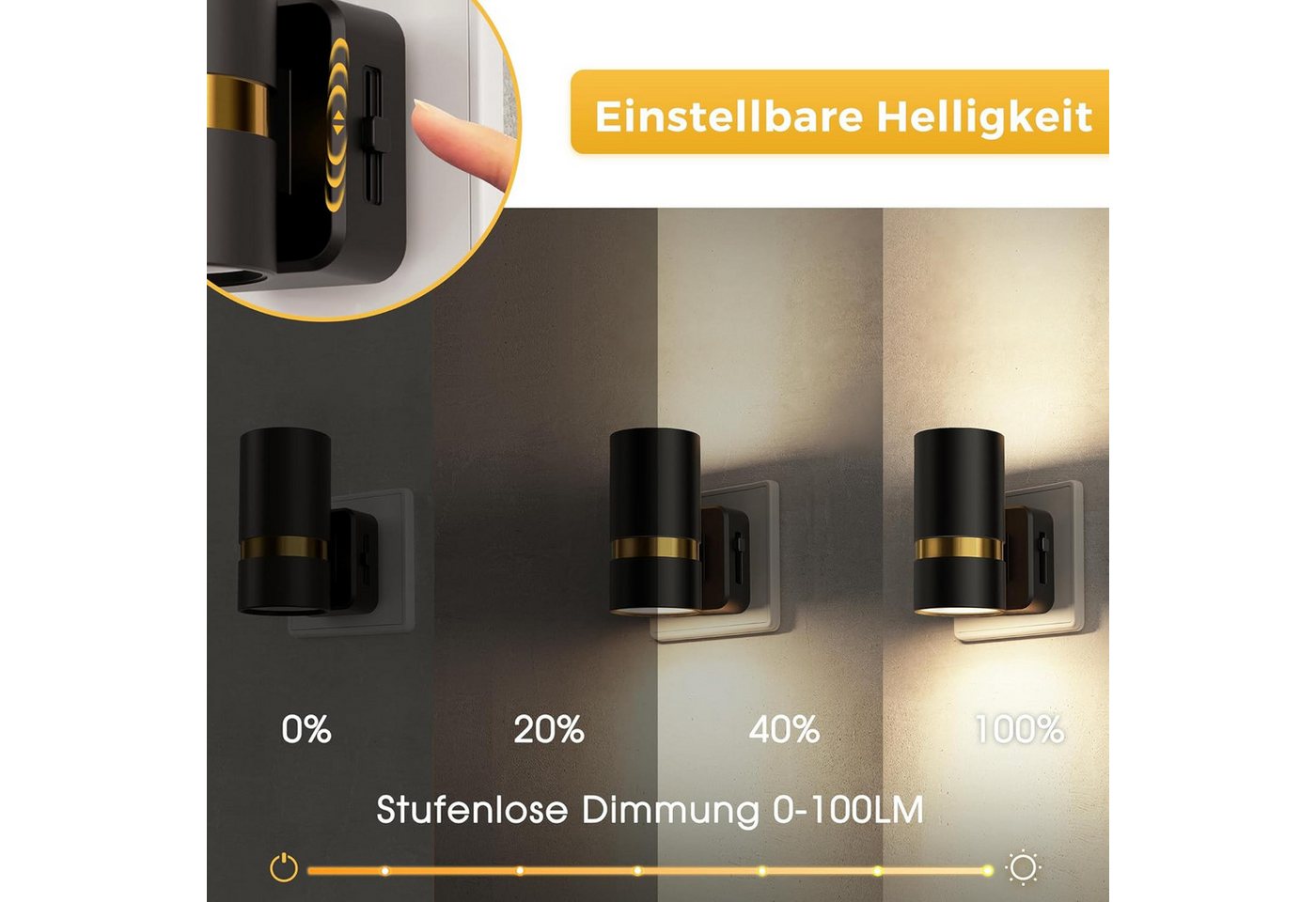 LOHAS-LED Nachtlicht 2er-Set rundes Metall LED Stecknachtlicht mit Dämmerungssensor, LED fest integriert, Warmweiß, Zylinder-Design mit Goldleiste, blendfreies Licht für Flur Bild 4