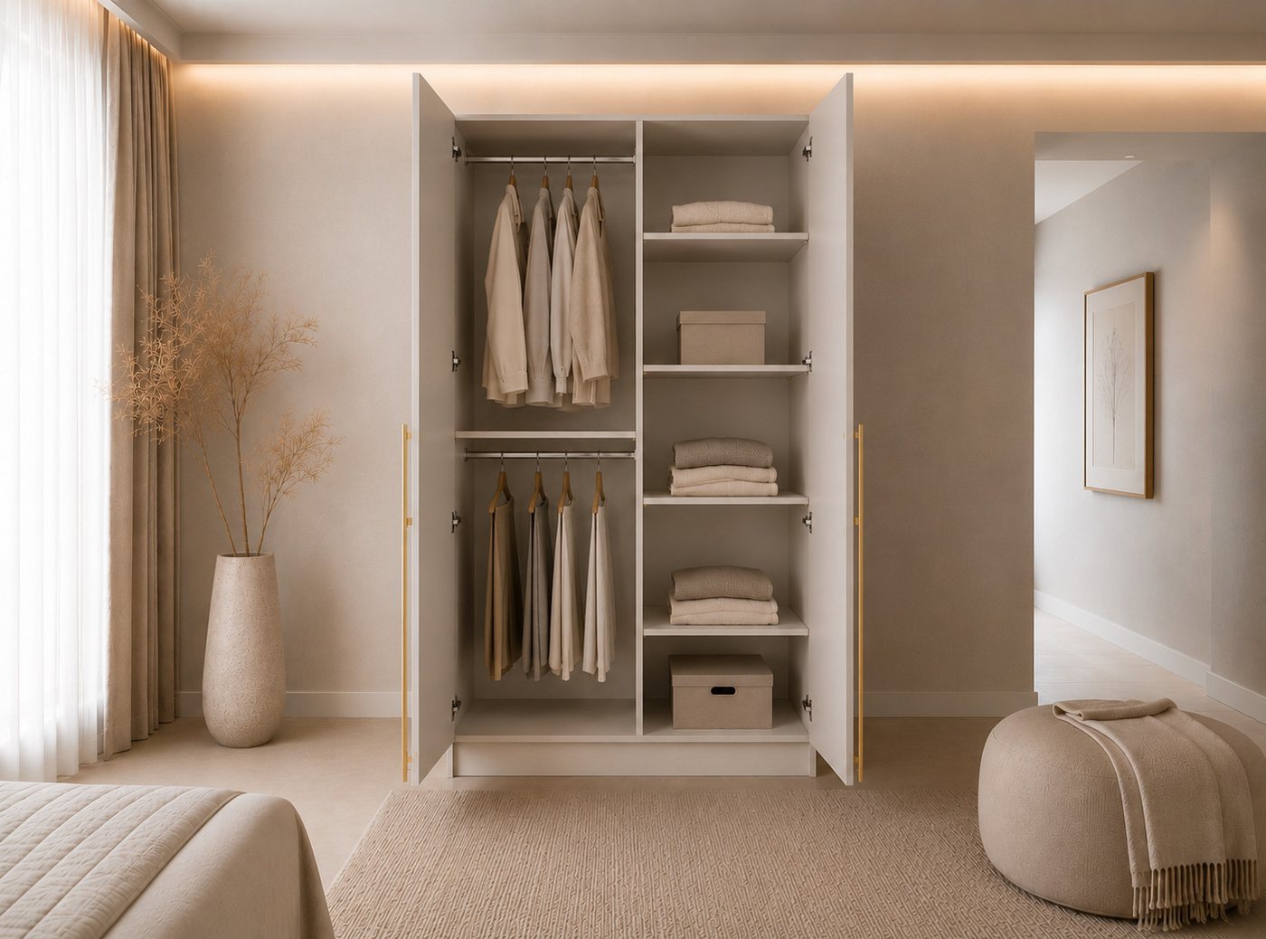 MOEBLO Drehtürenschrank Glamy 2D (Kleiderschrank 2D - 100 cm - moderner Drehtürenschrank mit goldfarbenen Griffen, Kleiderstange und Einlegeböden) (BxHxT): 100x210x57 cm Bild 2
