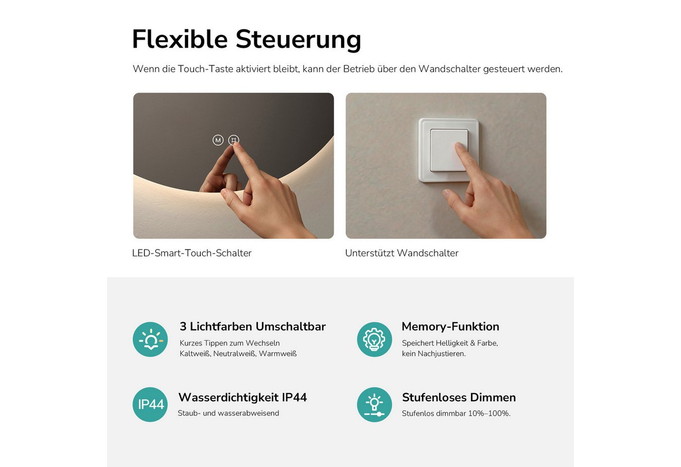 EMKE Badspiegel Badspiegel Rund mit Beleuchtung LED Badezimmerspiegel Wandspiegel, 3 Farben des Lichts, Dimmbar, Intelligenter Touchschalter