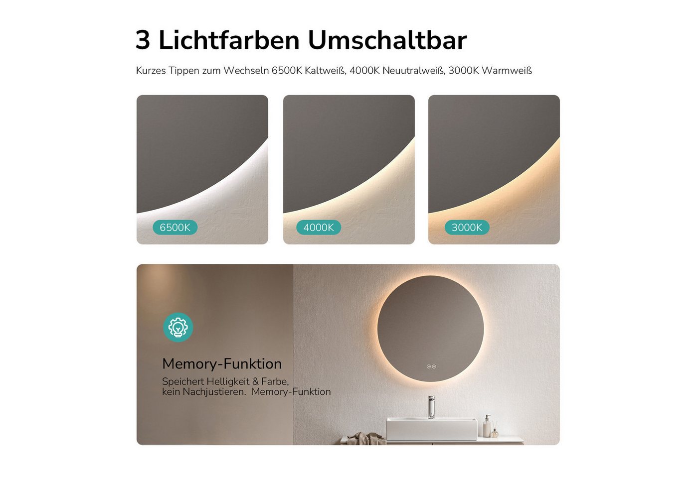 EMKE Badspiegel Badspiegel Rund mit Beleuchtung LED Badezimmerspiegel Wandspiegel, 3 Farben des Lichts, Dimmbar, Intelligenter Touchschalter Bild 4