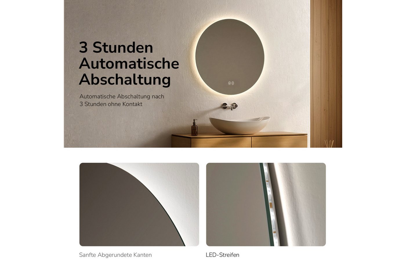EMKE Badspiegel Badspiegel Rund mit Beleuchtung LED Badezimmerspiegel Wandspiegel, 3 Farben des Lichts, Dimmbar, Intelligenter Touchschalter Bild 5