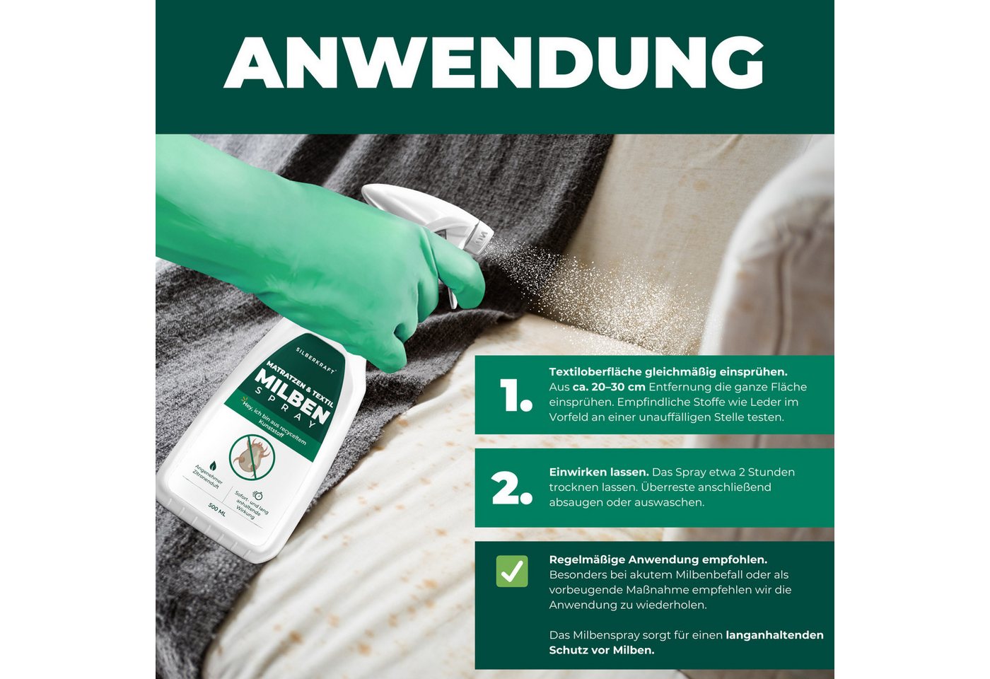 Silberkraft Insektenspray Silberkraft Milbenspray für Matratzen & Textilien, 500 ml, 4-St., Milbenbekämpfung, für Bettwäsche, Matratzen, Kissen, Bett, Bettbezug Bild 5
