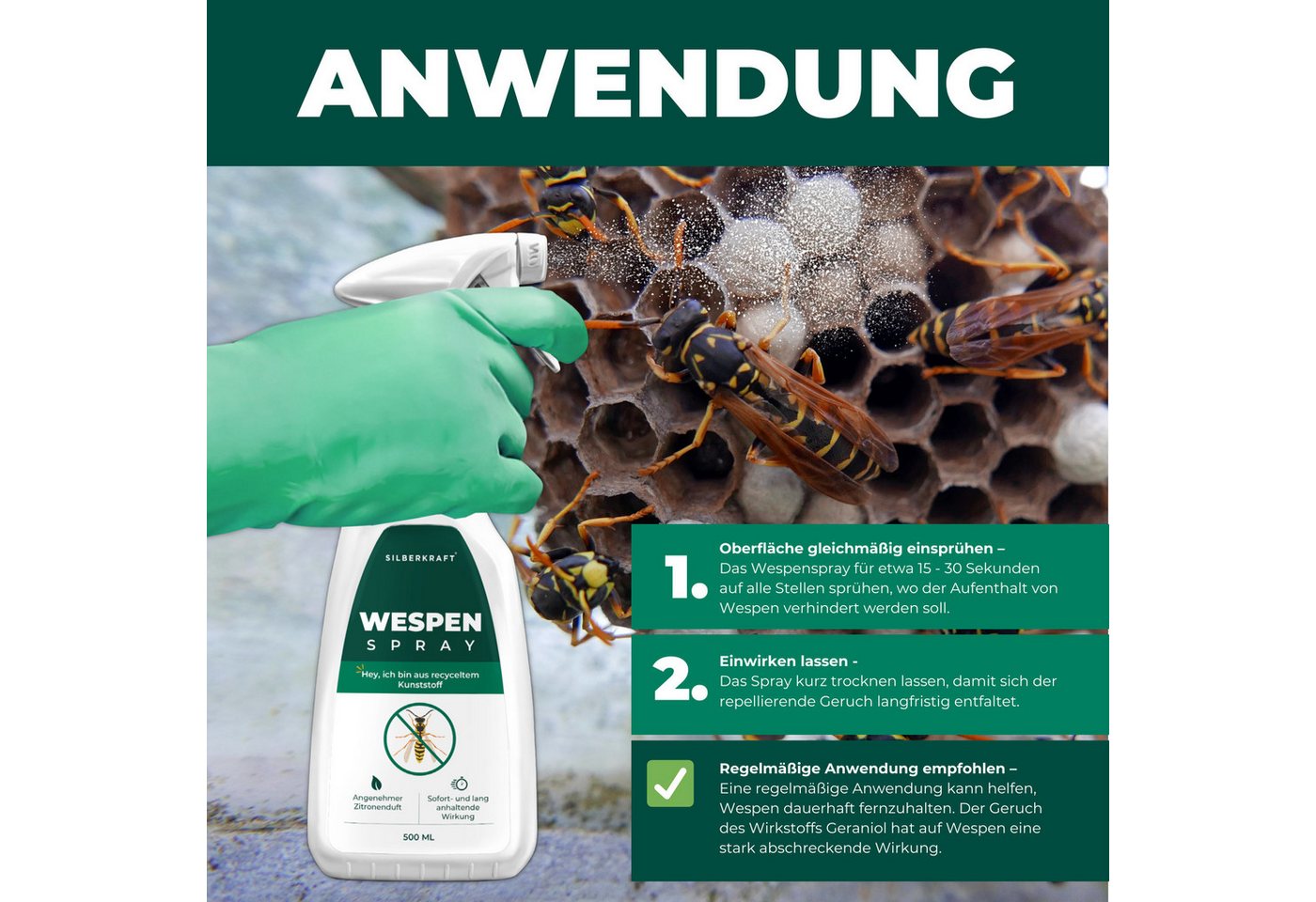 Silberkraft Wespenspray Silberkraft Wespenspray, Spray zur Wespenabwehr, Anti-Wespen-Mittel, 500 ml, 1-St., hilft gegen Wespennester, Repellent mit Sofort- und Langzeitwirkung