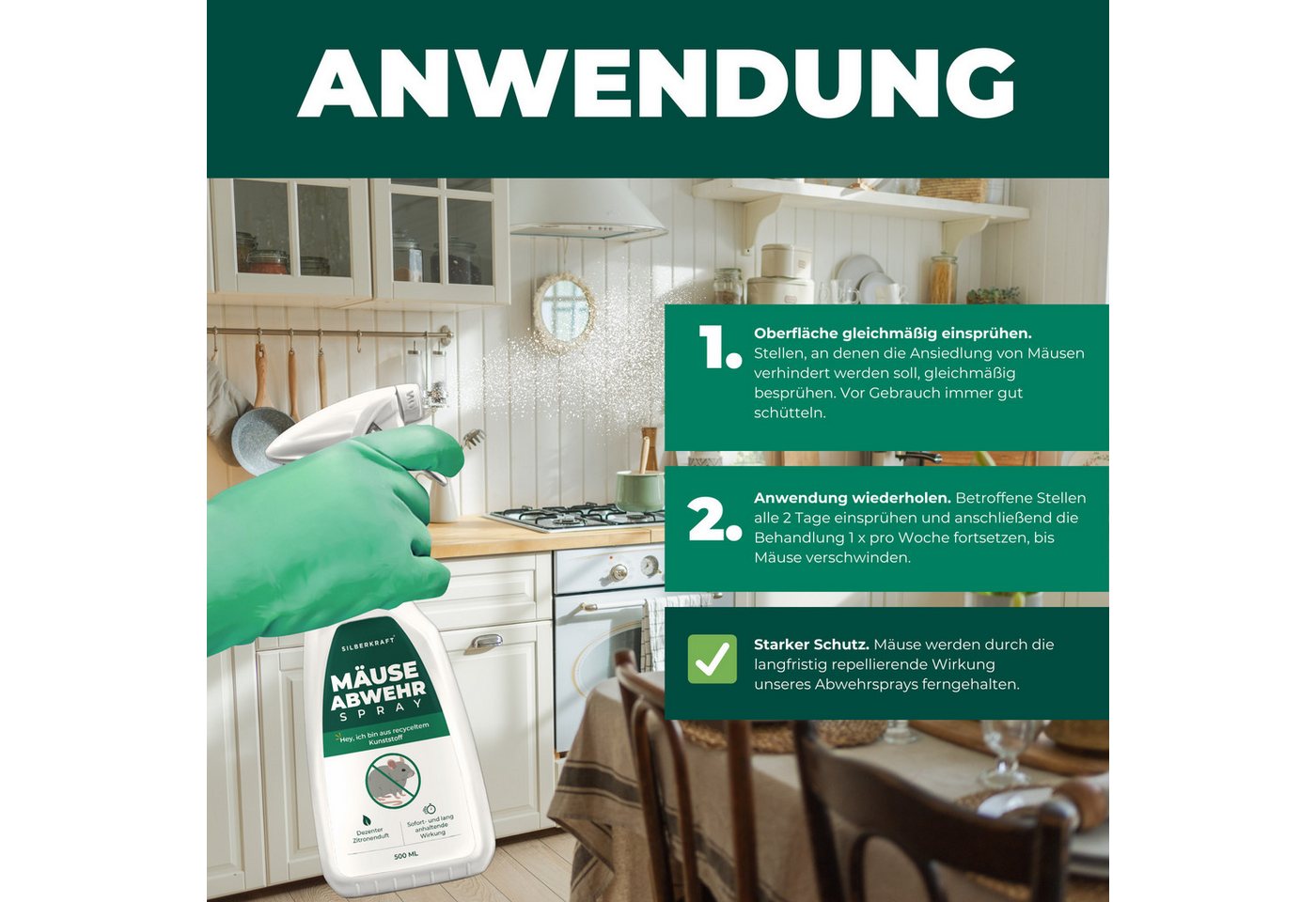 Silberkraft Vergrämungsmittel Silberkraft Mäuseabwehr, Repellent gegen Mäusebefall, 500 ml, 1-St., Mäuseabwehr für Haus & Garten, wirksame Alternative zu Gift & Fallen Bild 3
