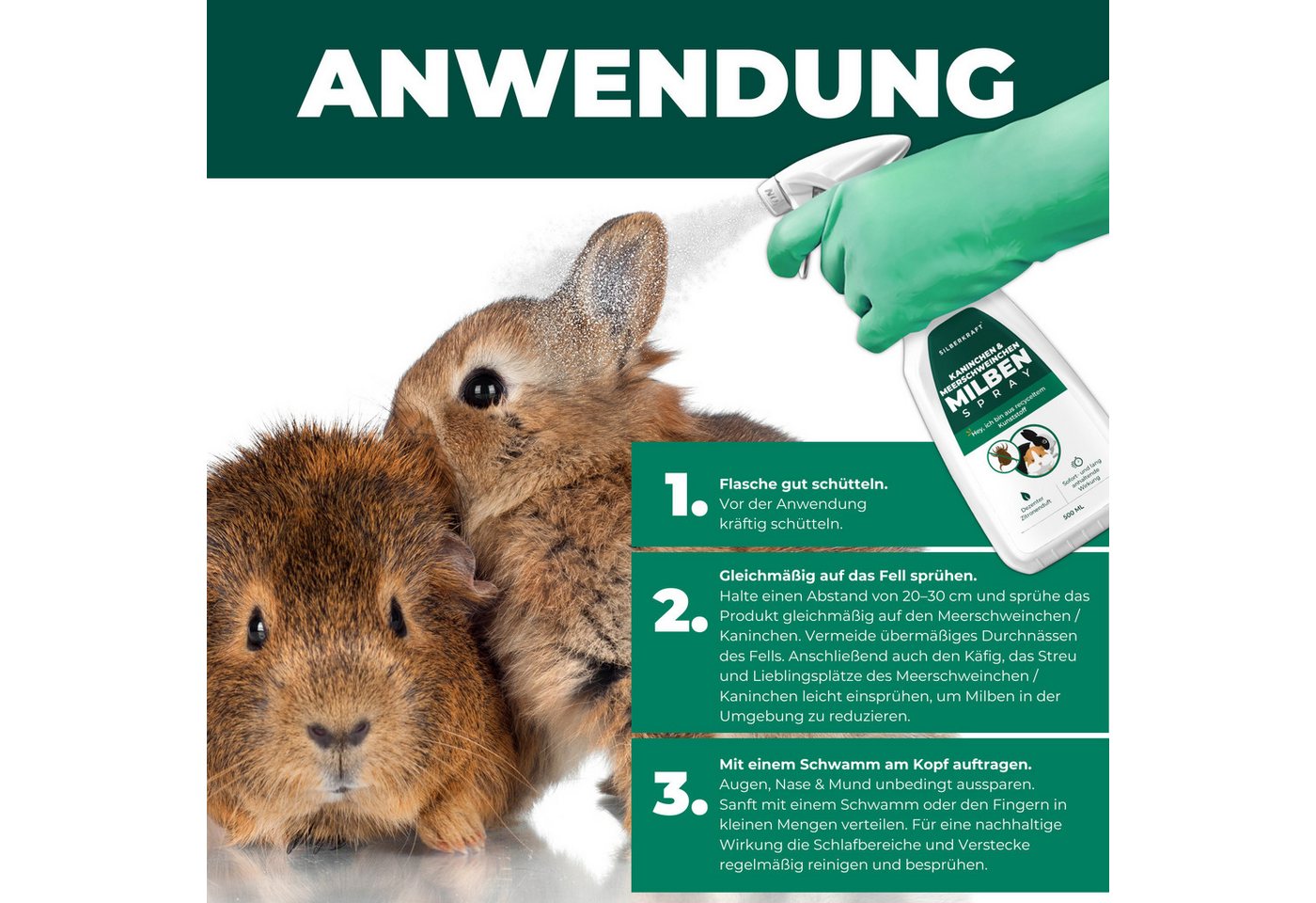 Silberkraft Insektenspray Milbenspray, Milbenmittel für Meerschweinchen, Hamster & Nager, 500 ml, Gegen diverse Milbenarten, Leistungsstarker Langzeitschutz, 1-St., Anti Milben Spray, ideal für Meerschweinchen und Kaninchen, hochwirksame Milbenabwehr für Fell & Käfig, Sofort- & Langzeitschutz Bild 5