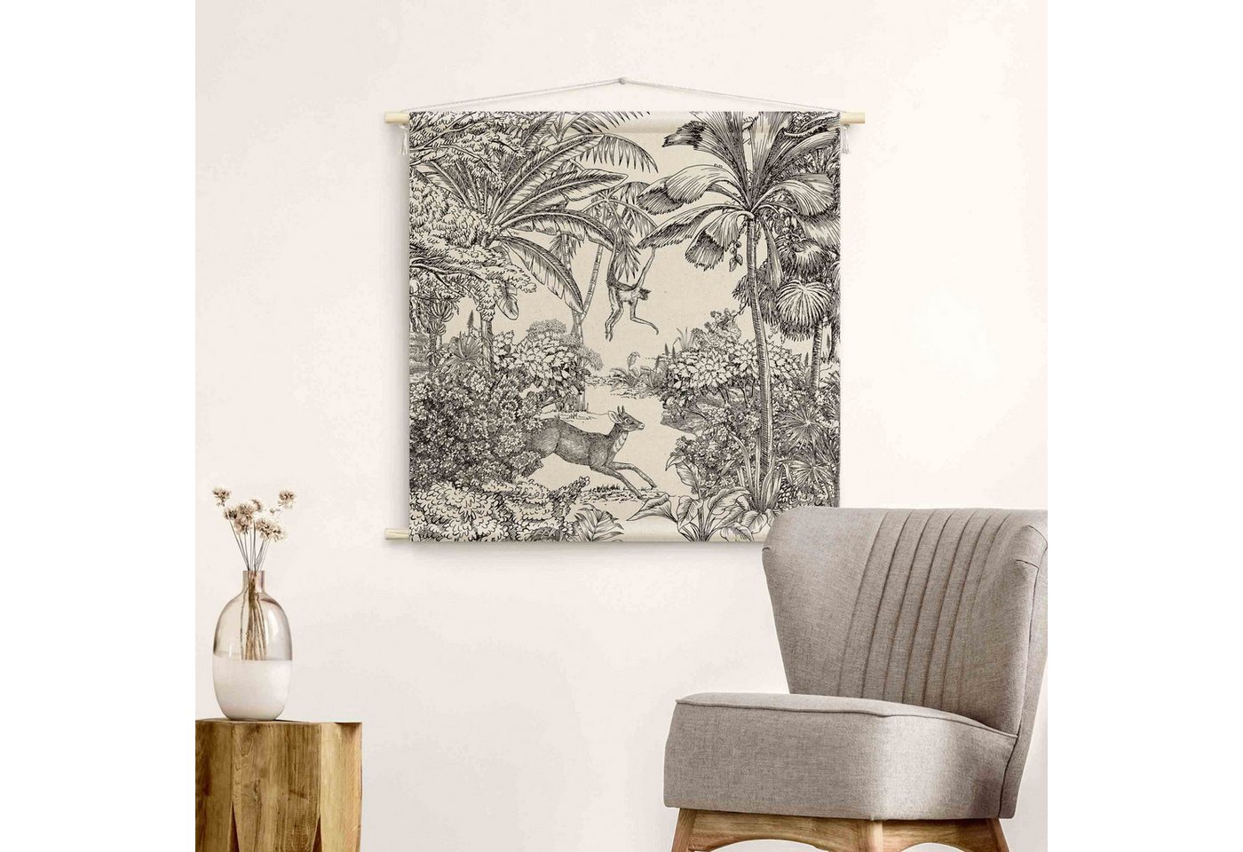 Bilderdepot24 Wandteppich modern Vintage Tropisch Tiere schwarz-weiß, quadratisch, Höhe: 2.6 mm, großes Wandbild aus Natur-Baumwolle Wandbehang Stoffbild Tuch Wollseil