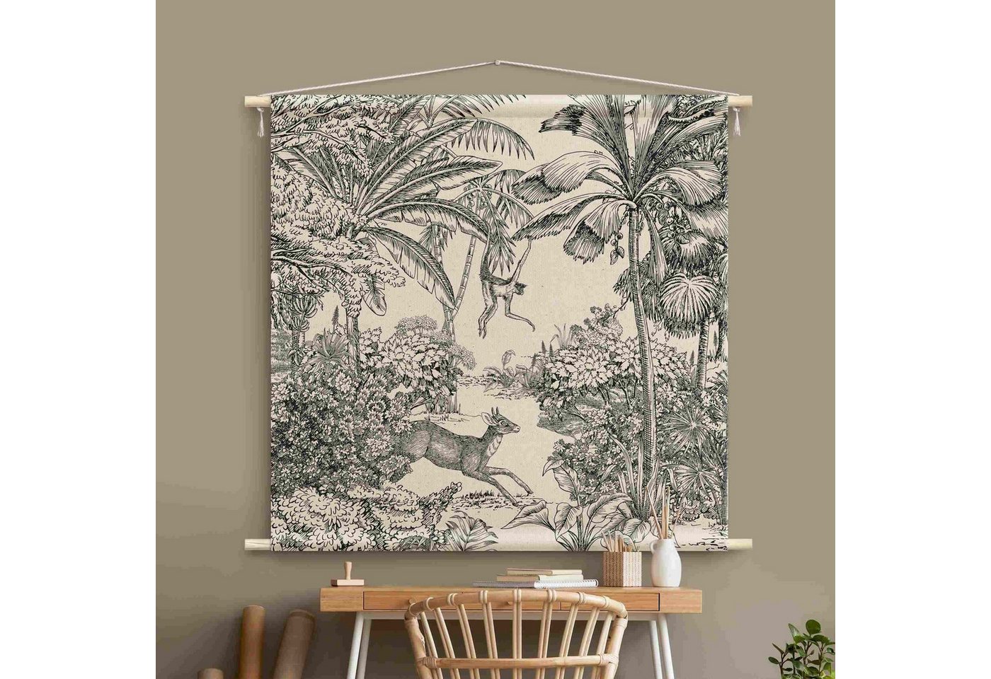 Bilderdepot24 Wandteppich modern Vintage Tropisch Tiere schwarz-weiß, quadratisch, Höhe: 2.6 mm, großes Wandbild aus Natur-Baumwolle Wandbehang Stoffbild Tuch Wollseil Bild 2