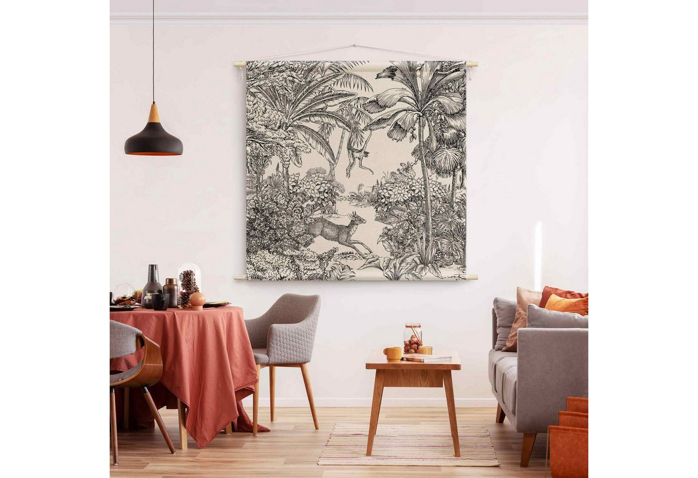 Bilderdepot24 Wandteppich modern Vintage Tropisch Tiere schwarz-weiß, quadratisch, Höhe: 2.6 mm, großes Wandbild aus Natur-Baumwolle Wandbehang Stoffbild Tuch Wollseil Bild 4