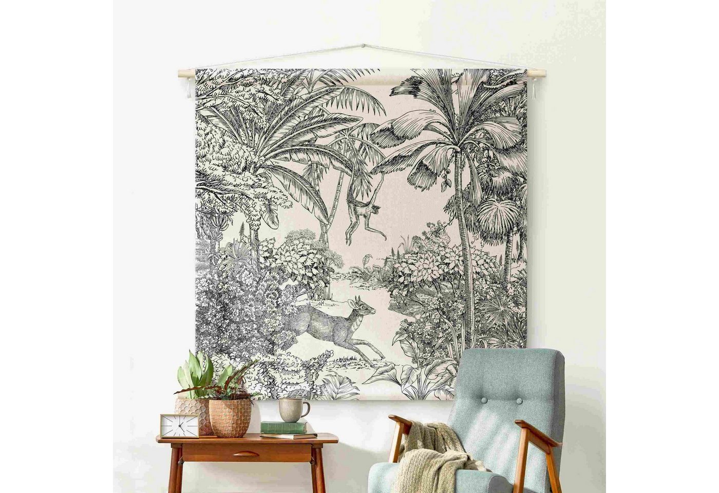 Bilderdepot24 Wandteppich modern Vintage Tropisch Tiere schwarz-weiß, quadratisch, Höhe: 2.6 mm, großes Wandbild aus Natur-Baumwolle Wandbehang Stoffbild Tuch Wollseil Bild 5