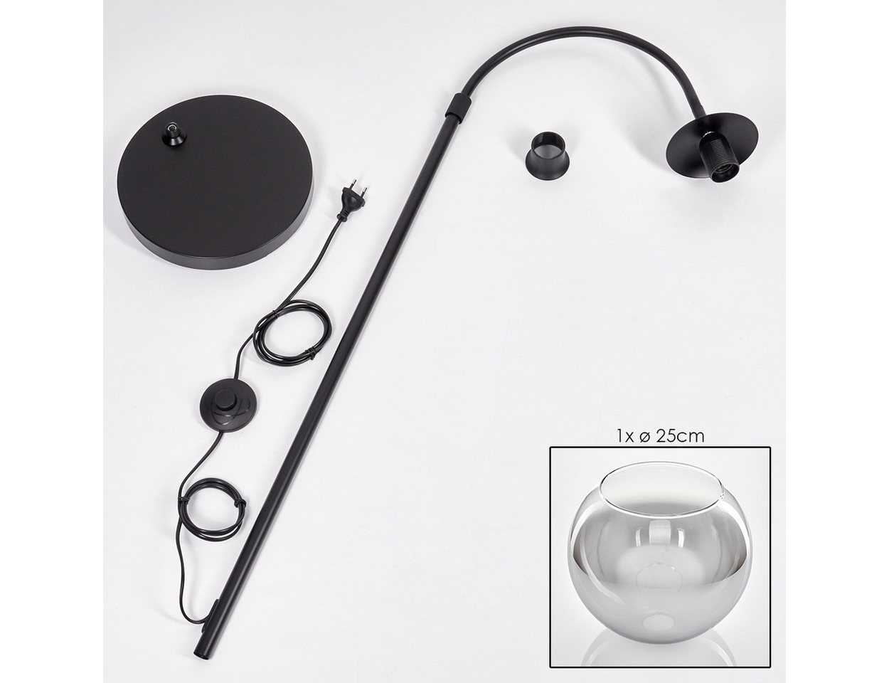 hofstein Bogenlampe Stehlampe aus Metall/Glas in Schwarz/Chrom/Rauch/Klar, ohne Leuchtmittel, Industrial-Design Leuchte m. Glasschirm (25cm) u. Fußschalter, 1xE27