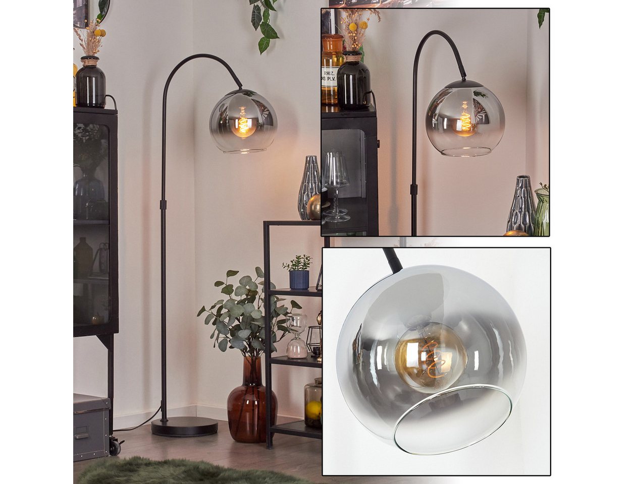 hofstein Bogenlampe Stehlampe aus Metall/Glas in Schwarz/Chrom/Rauch/Klar, ohne Leuchtmittel, Industrial-Design Leuchte m. Glasschirm (25cm) u. Fußschalter, 1xE27 Bild 2