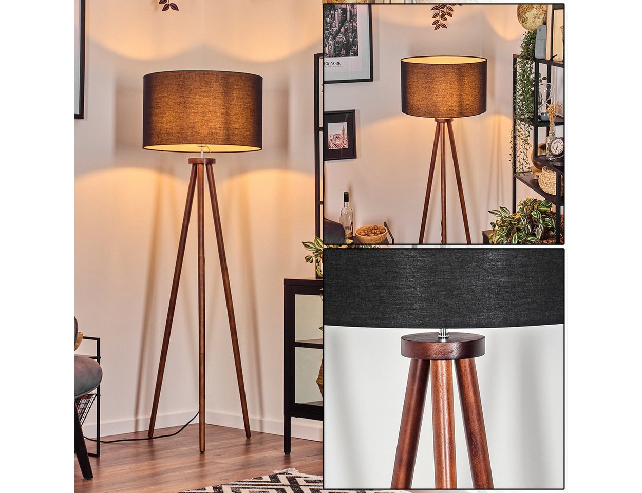 hofstein Stehlampe Stehlampe aus Holz/Stoff in Dunkelbraun/Schwarz/Weiß, ohne Leuchtmittel, skandinavische Design Leuchte, Schirm (40 cm) u. Fußschalter, 1x E27