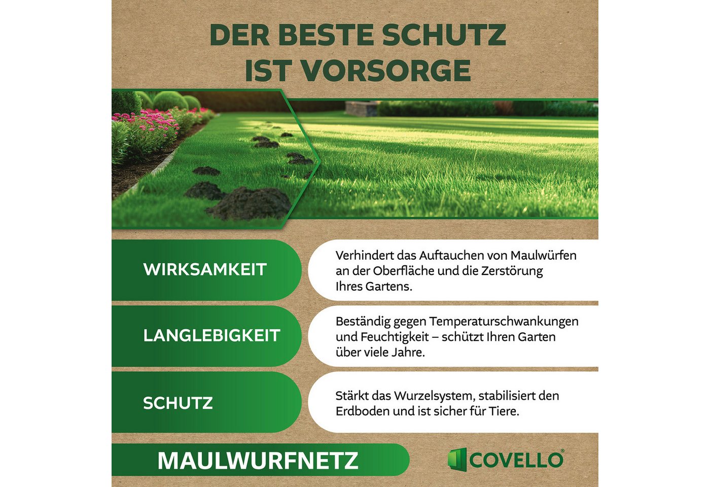 Covello Maulwurfgitter Maulwurfnetz Professional Line 45g/m² Maulwurfschutz Laubschutznetz, 20000x100x0,02 cm, 200m x 1m = 200m², Teichnetz Gartennetz Vogelschutznetz Wühlmausschutz Maulwurfsperre, verschiedene Längen und Breiten wählbar