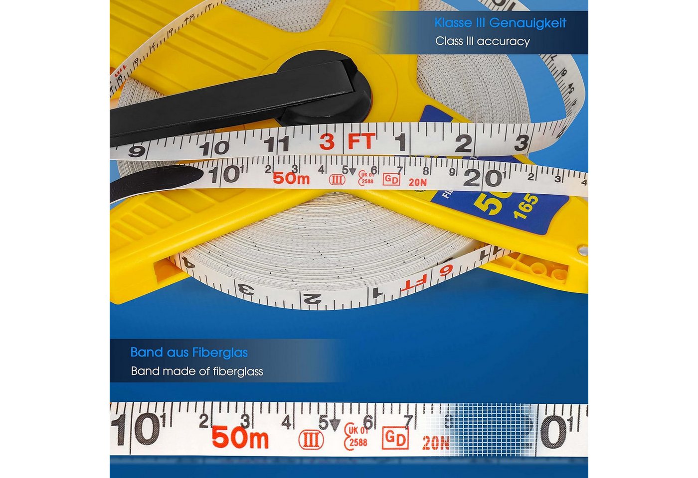 S&R Maßband Fiberglas 50 METER / 165 Ft (Zoll) Beidseitig markiert, Breite 13 mm, mit Metallring und Zentrierspitze und Kurbel zum ein- und ausrollen