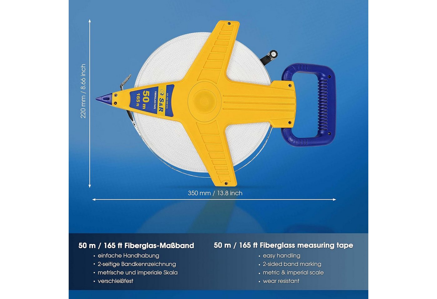 S&R Maßband Fiberglas 50 METER / 165 Ft (Zoll) Beidseitig markiert, Breite 13 mm, mit Metallring und Zentrierspitze und Kurbel zum ein- und ausrollen Bild 3