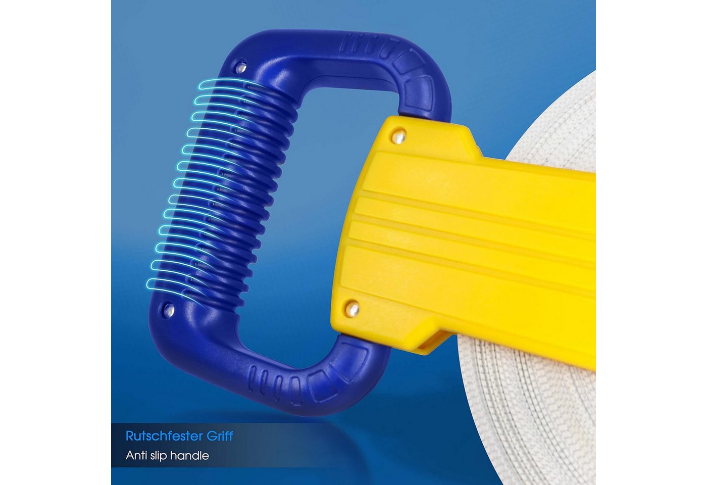 S&R Maßband Fiberglas 50 METER / 165 Ft (Zoll) Beidseitig markiert, Breite 13 mm, mit Metallring und Zentrierspitze und Kurbel zum ein- und ausrollen Bild 4