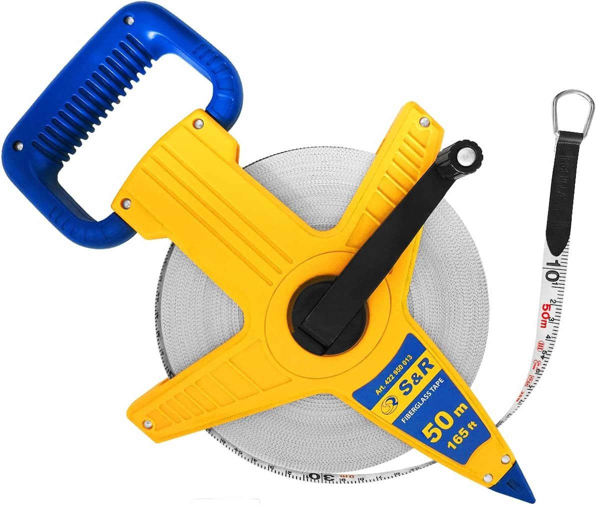 S&R Maßband Fiberglas 50 METER / 165 Ft (Zoll) Beidseitig markiert, Breite 13 mm, mit Metallring und Zentrierspitze und Kurbel zum ein- und ausrollen Bild 5