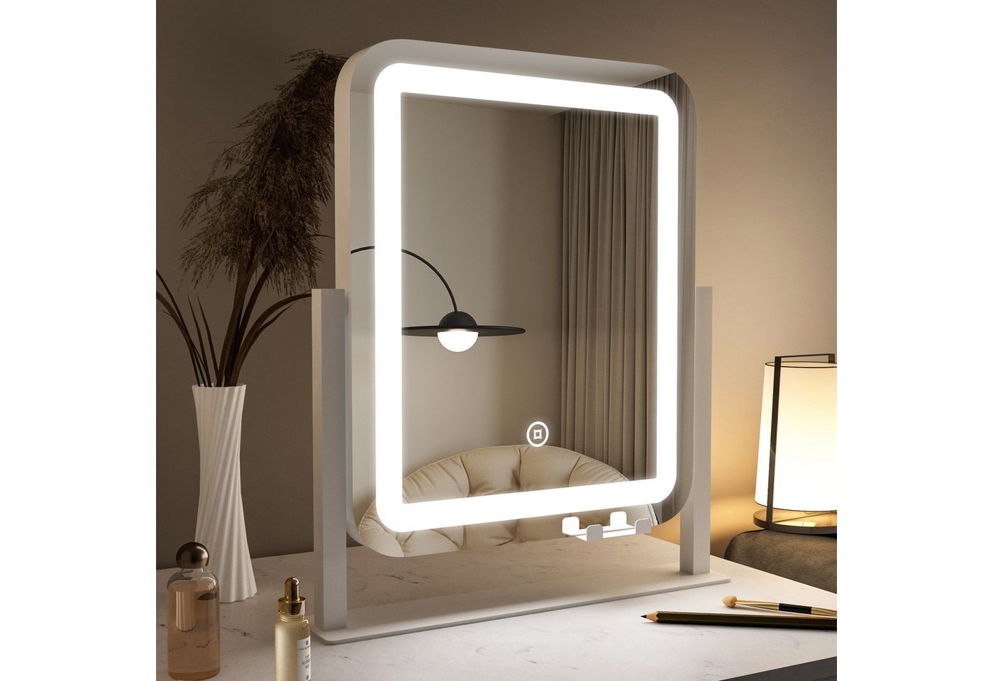 WDWRITTI Kosmetikspiegel mit beleuchtung, Handyhalterung LED Schminkspiegel (Tischspiegel mit USB-Ladeanschluss, 3Lichtmodi+Dimmbar+Memory), 360° Drehbar, mit Netzadapter