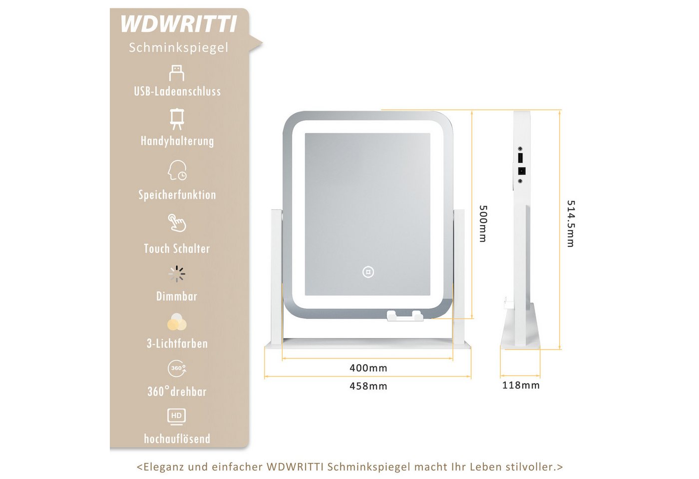 WDWRITTI Kosmetikspiegel mit beleuchtung, Handyhalterung LED Schminkspiegel (Tischspiegel mit USB-Ladeanschluss, 3Lichtmodi+Dimmbar+Memory), 360° Drehbar, mit Netzadapter Bild 2