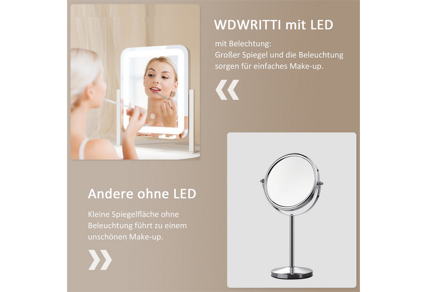WDWRITTI Kosmetikspiegel mit beleuchtung, Handyhalterung LED Schminkspiegel (Tischspiegel mit USB-Ladeanschluss, 3Lichtmodi+Dimmbar+Memory), 360° Drehbar, mit Netzadapter Bild 3