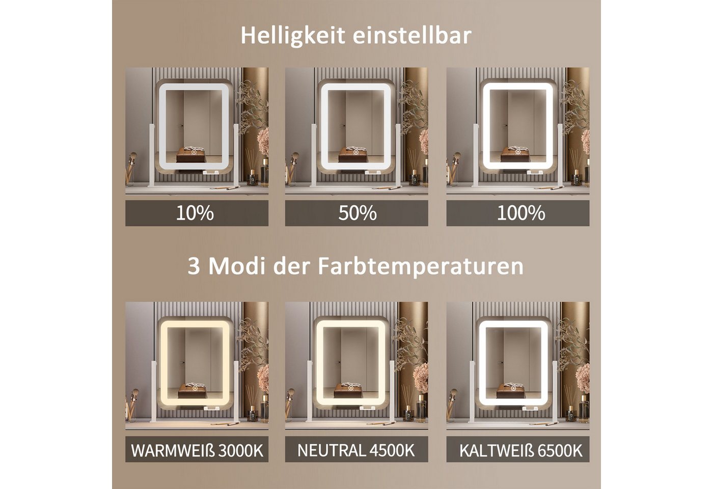 WDWRITTI Kosmetikspiegel mit beleuchtung, Handyhalterung LED Schminkspiegel (Tischspiegel mit USB-Ladeanschluss, 3Lichtmodi+Dimmbar+Memory), 360° Drehbar, mit Netzadapter Bild 4