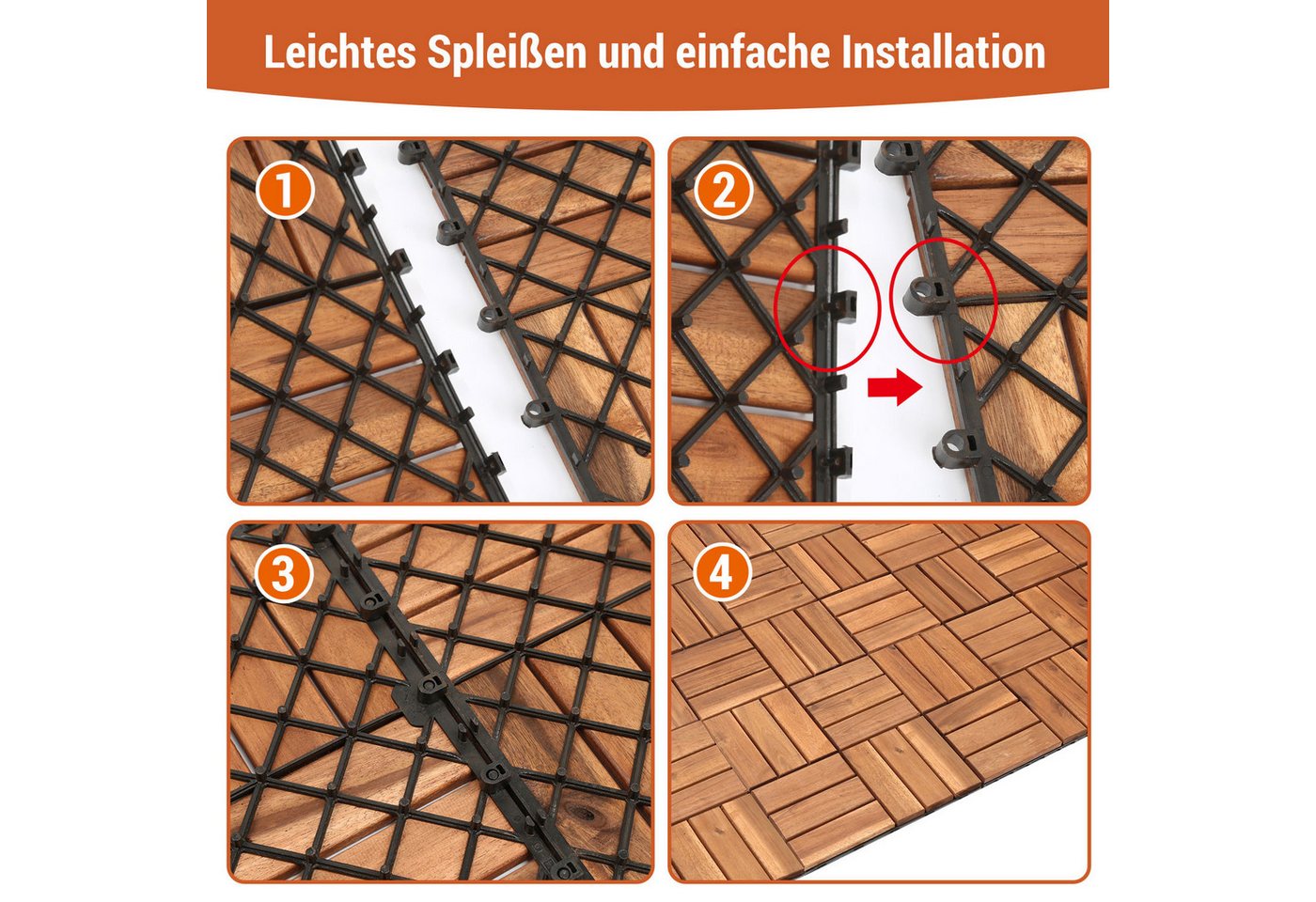 Clanmacy Holzfliesen 1-10 Terrassenfliesen, 11-110 Stück, Akazien-Holz Balkonplatten - 3, 33er Set, 33 St., 30x30cm = 1qm pro Fliese, rutschfest, Stecksystem, langlebig