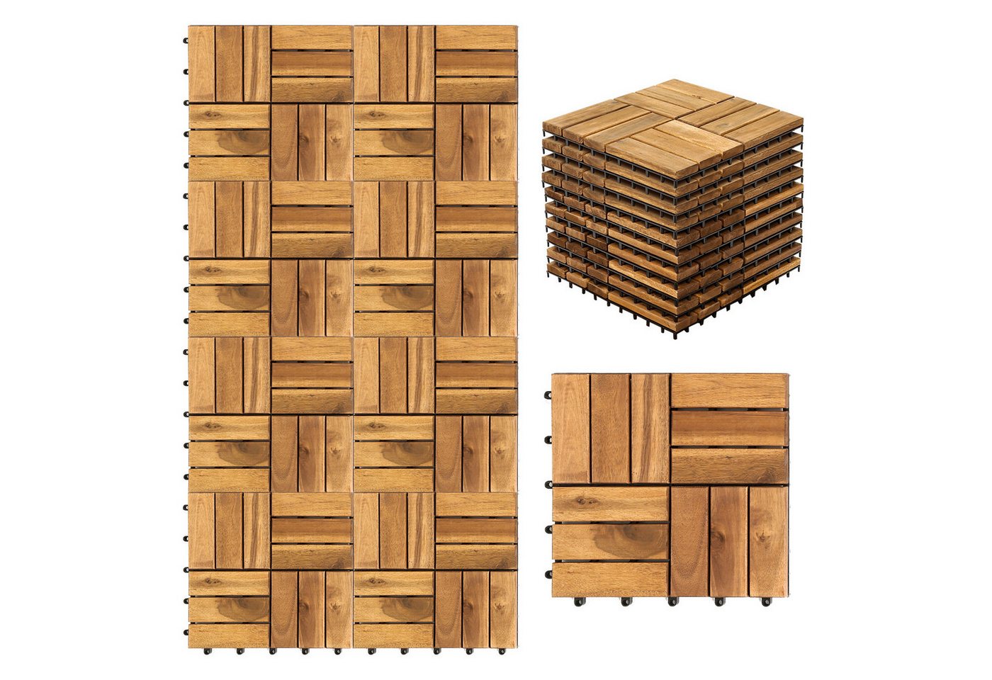 Clanmacy Holzfliesen 1-10 Terrassenfliesen, 11-110 Stück, Akazien-Holz Balkonplatten - 3, 33er Set, 33 St., 30x30cm = 1qm pro Fliese, rutschfest, Stecksystem, langlebig Bild 2