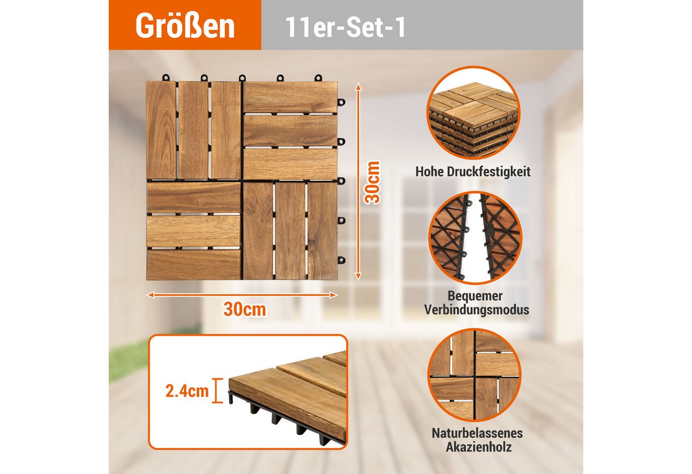 Clanmacy Holzfliesen 1-10 Terrassenfliesen, 11-110 Stück, Akazien-Holz Balkonplatten - 3, 33er Set, 33 St., 30x30cm = 1qm pro Fliese, rutschfest, Stecksystem, langlebig Bild 3
