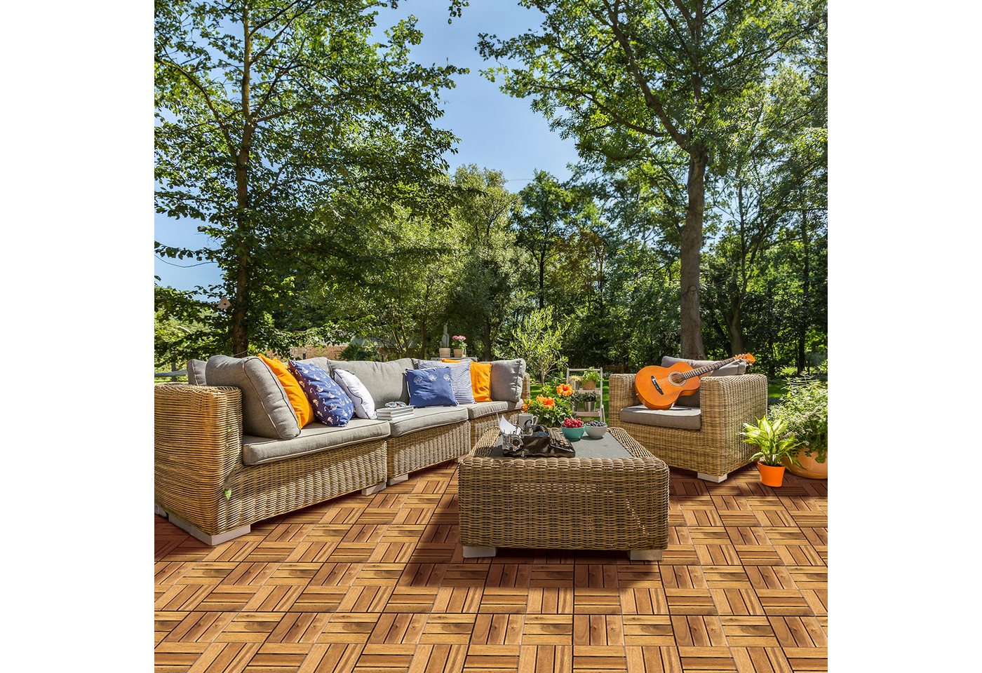 Clanmacy Holzfliesen 1-10 Terrassenfliesen, 11-110 Stück, Akazien-Holz Balkonplatten - 3, 33er Set, 33 St., 30x30cm = 1qm pro Fliese, rutschfest, Stecksystem, langlebig Bild 4