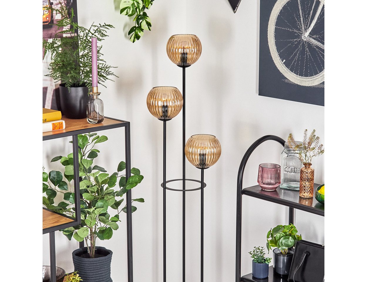 hofstein Stehlampe Stehlampe aus Metall/Holz/Riffelglas in Schwarz/Hellbraun/Bernstein, ohne Leuchtmittel, Stehleuchte im Retro-Design m. Glasschirmen (15cm), Fußschalter, E14