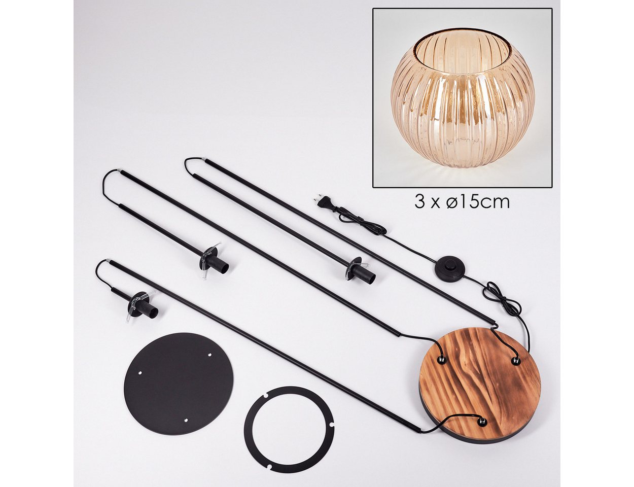 hofstein Stehlampe Stehlampe aus Metall/Holz/Riffelglas in Schwarz/Hellbraun/Bernstein, ohne Leuchtmittel, Stehleuchte im Retro-Design m. Glasschirmen (15cm), Fußschalter, E14 Bild 2