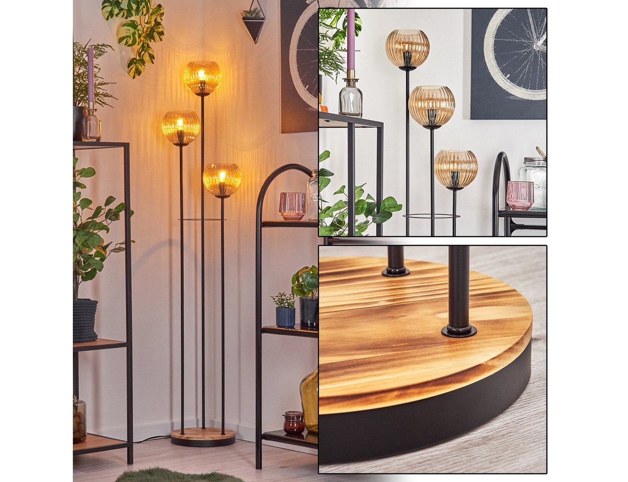 hofstein Stehlampe Stehlampe aus Metall/Holz/Riffelglas in Schwarz/Hellbraun/Bernstein, ohne Leuchtmittel, Stehleuchte im Retro-Design m. Glasschirmen (15cm), Fußschalter, E14 Bild 5