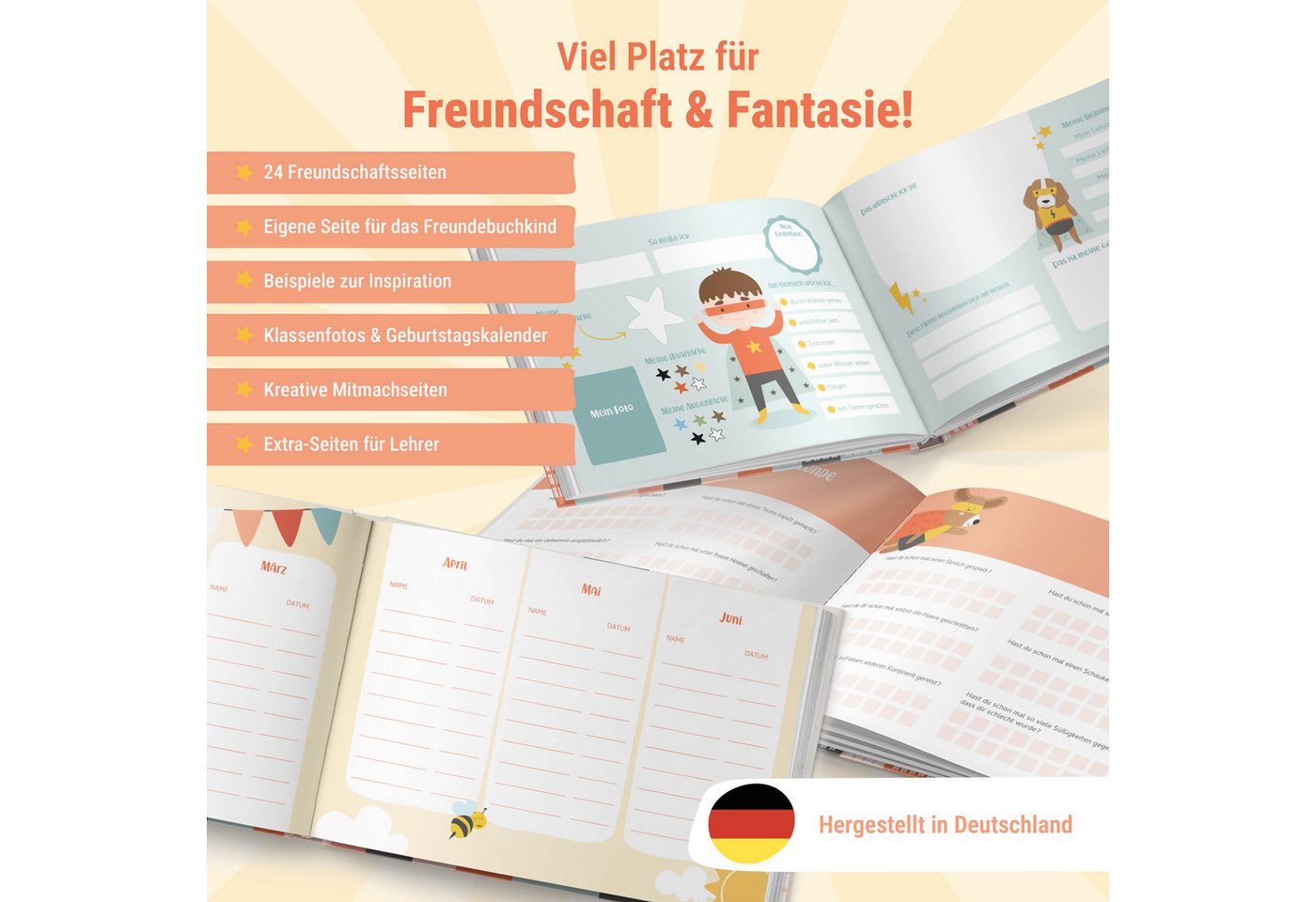 Amari Poesiealbum Freundebuch Schulfreunde Grundschule für Kinder, Poesiealbum, Erinnerungen Schulzeit, Geschenk Einschulung, 24 Freunde
